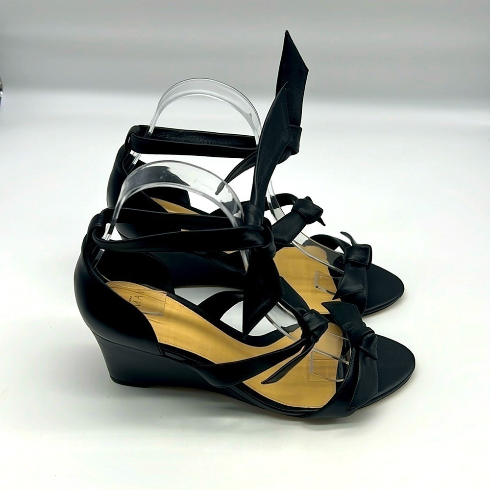 Alexandre Birman - Lolita Giana Anabela Black Leather Bow Embellished Wedge 38